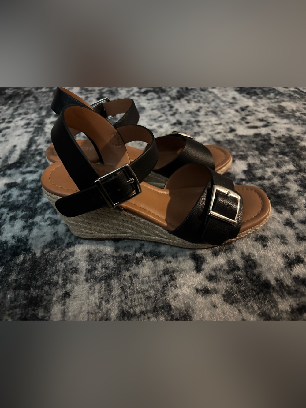 Soda Black Buckle Wedge Sandals
